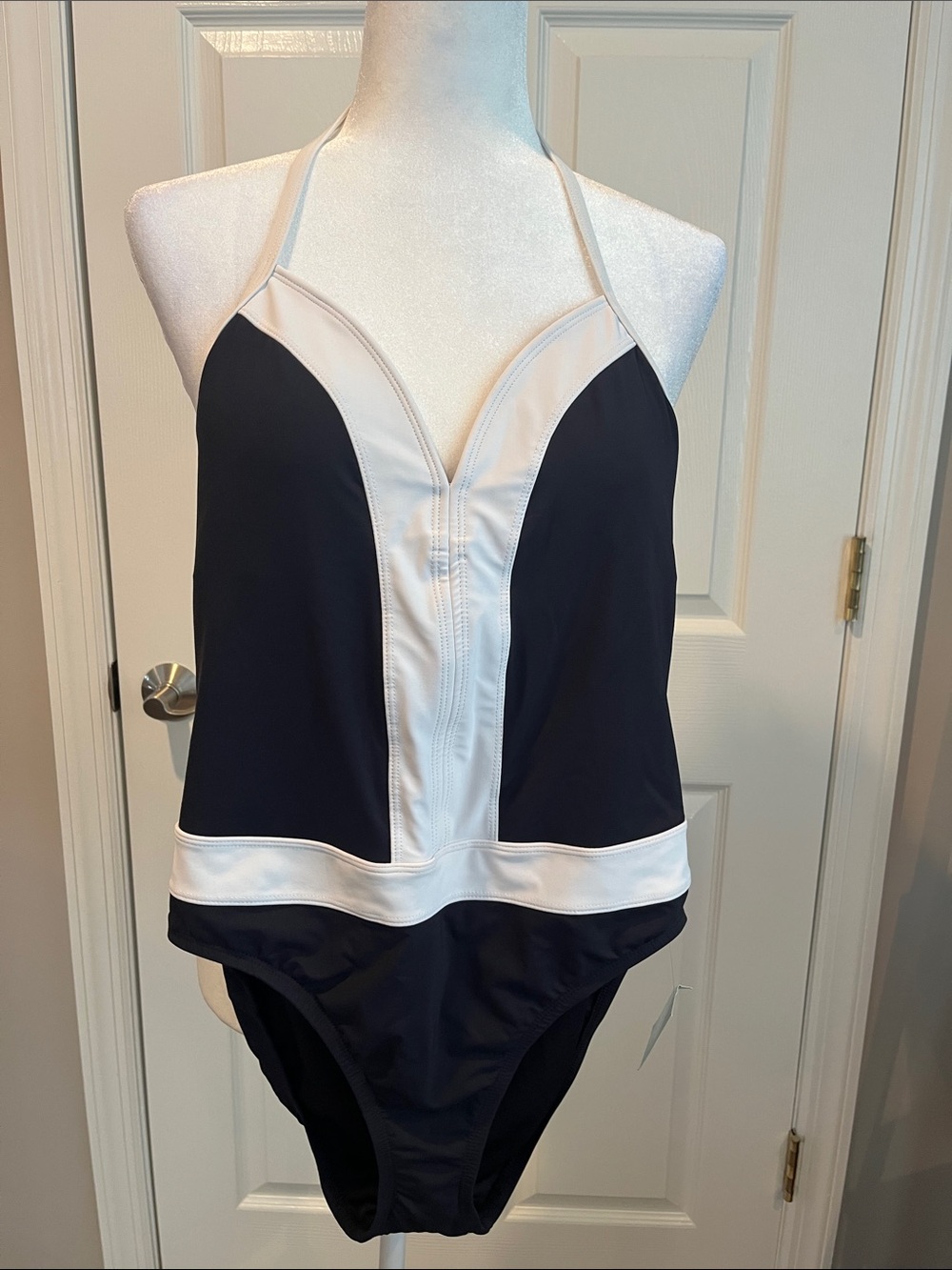 Bleu Rod Beattie Black and White Halter One-Piece Swimsuit